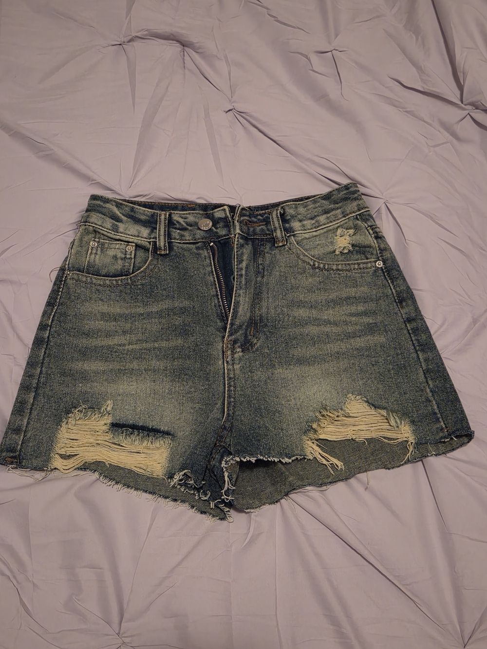 Distressed High-Waist Denim Shorts - Blue Jeans